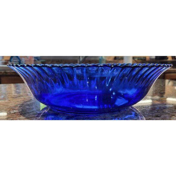 Vintage COLOREX 9.5” Serving Bowl Made In Brazil Cobalt Ribbed Glass Edge - Picture 8 of 11